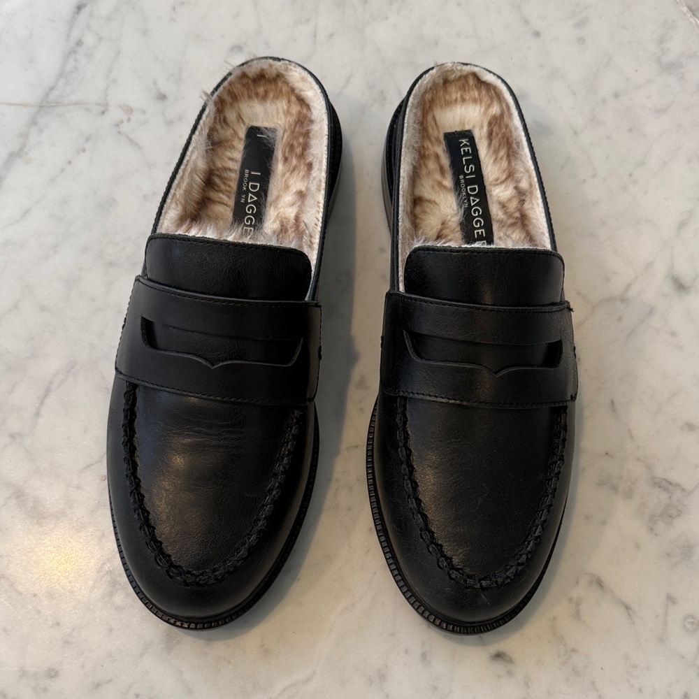 Kelsi Dagger Black Leather Loafers with Faux Fur Lining